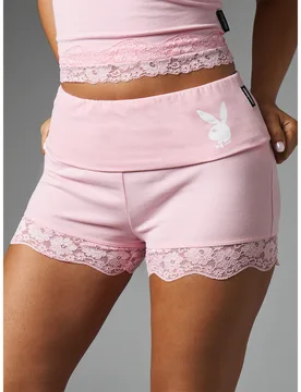 Shorts mini rosa con logo de conejo, ribete de encaje floral en el bajo y cintura elástica, ropa de estar en casa y dormir para vacaciones de verano - Shein - FashionsVida
