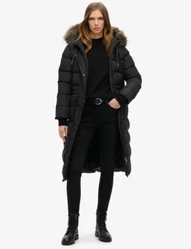 Superdry Damen Langer Everest Kunstfellmantel Schwarz - Größe: 36 - 229.99 - FashionsVida