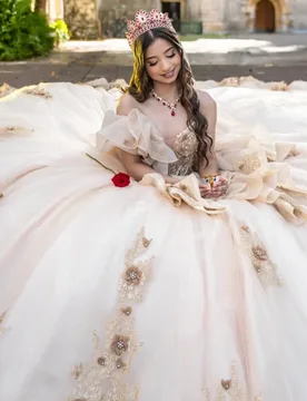 Light Champagne Quinceanera Dress Glitter 3D Flower Decal Long tail off-shoulder Bow Vestidos De 15 Quinceanera ﻿Customize - Aliexpress - FashionsVida