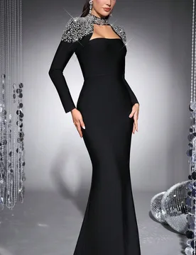 Elegante vestido de noche formal de lujo negro con pedrería para mujer, cuello alto, manga larga, corte sirena, vestido tipo vendaje para Año Nuevo, - Shein - FashionsVida