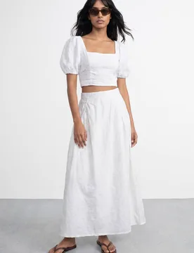 Women's Embroidered Cotton Gathered Sleeve Crop Top in White Size: 10 - White - Size: 10 - Warehouse - FashionsVida