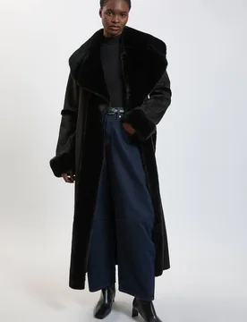 Women's Faux Shearling Collar & Cuff Tie Belt Maxi Coat in Black Size: 10 - Black - Size: 10 - Karen millen - FashionsVida