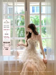 Elegant and refined lace cinched waist mesh flower-shaped long dress