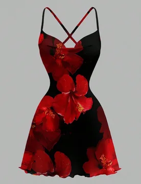 Vestido mini con tirantes de espagueti con estampado de flor de hibisco roja, adecuado para vacaciones, festivales de música, vacaciones en la playa, - Shein - FashionsVida