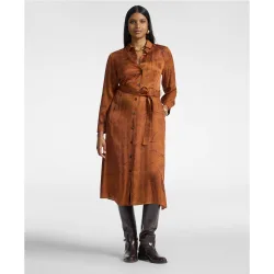 Vestido en raso de viscosa estampado cierre frontal con botones y cinturón en la cintura del mismo tejido