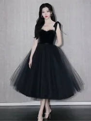 Elegant halter strapless sweet black puffy dress