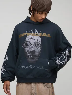 Herren Schwarzer Oversized Premium Offizieller Totenkopf Washed Print Hoodie Sweatshirt Washed Black Größe Small - boohooMAN - FashionsVida