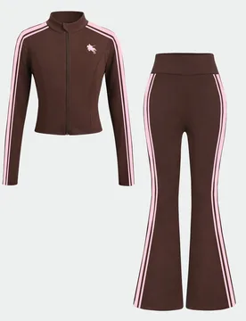 Conjunto de chaqueta con cremallera de manga larga y pantalones acampanados de color marrón café sólido con cinta rosa para niñas preadolescentes - Shein - FashionsVida