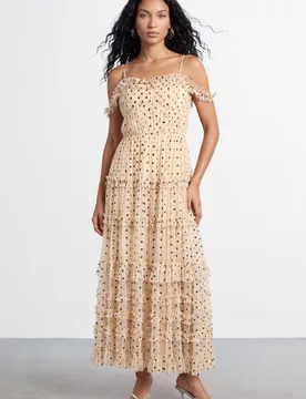 Womens Bardot Gathered Seam Detail Tulle Maxi Dress - White - Size 10 Uk - Warehouse - FashionsVida