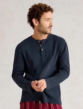 Helston Organic Waffle Henley T-Shirt - Dark Navy - White stuff - FashionsVida