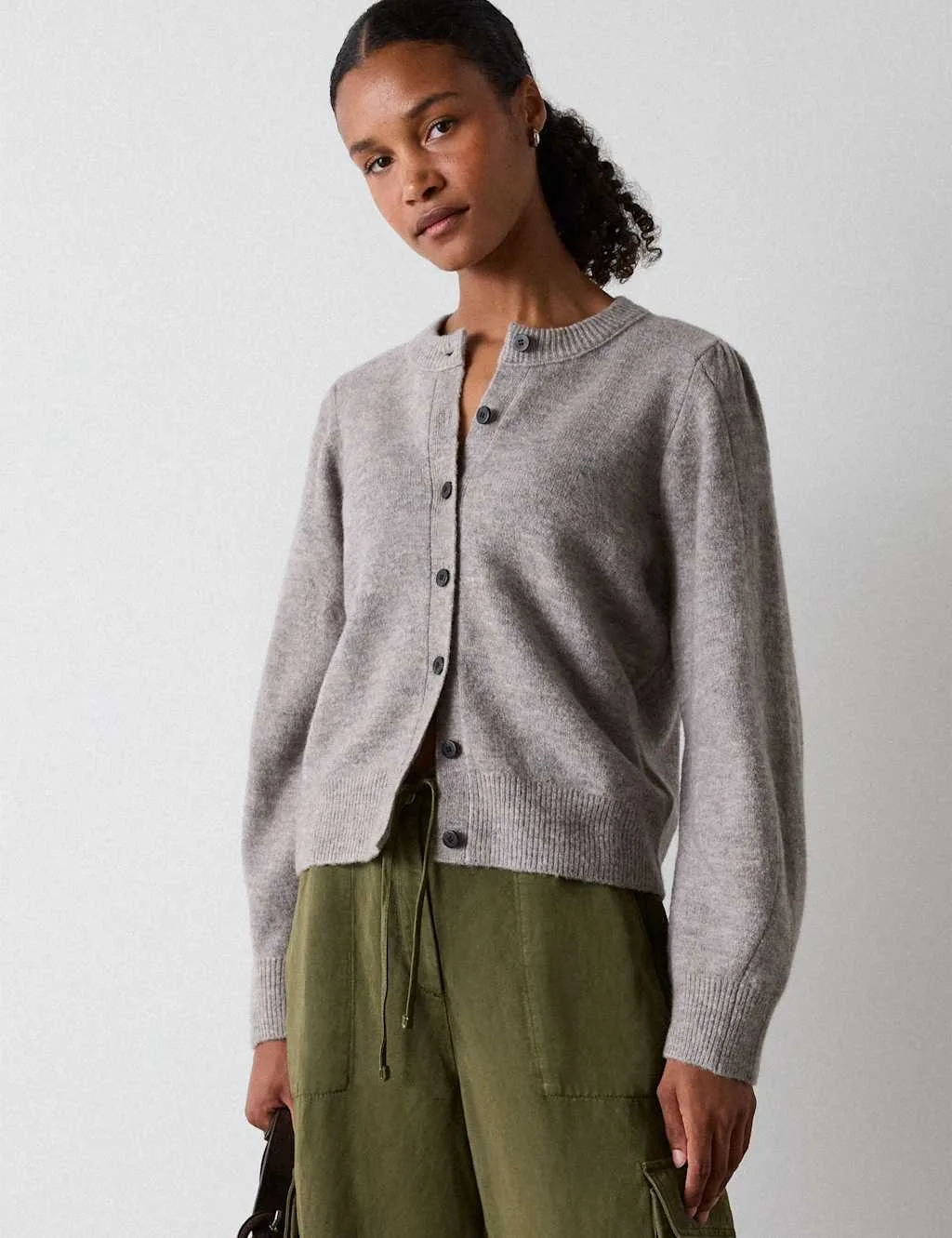 Wool Blend Puff Sleeve Mini Cardigan Neutral female - Whistles - FashionsVida