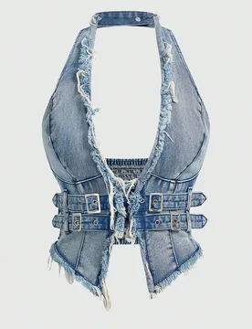 Blusa de mezclilla sin mangas con escote en V profundo, dobladillo con flecos y diseño de hebilla en la cintura para mujer M - Shein - FashionsVida