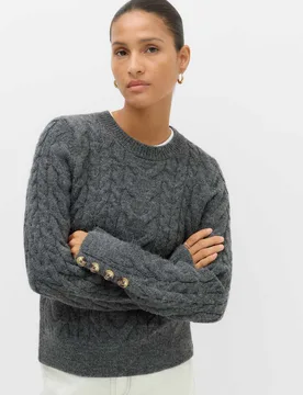 Crew Neck Cable Knit Button Detail Jumper Charcoal female - M&S - FashionsVida