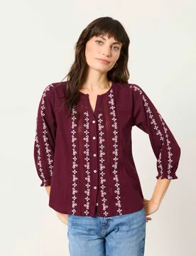 Embroidered V Neck Cotton Blouse Burgundy Mix female - Fatface - FashionsVida