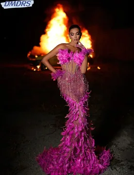 Sexy Illusion Strapless Cocktail Dresses Sparkly Sequins Beads Evening Dress Luxury Feather Mermaid Prom Gown Robe De Mariée - Aliexpress - FashionsVida