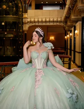 Green Quinceanera Dress off-shoulder Crystal Glitter Decal Lace Ruffle Long tail Big Bow vestidos de 15 Quinceanera ﻿Customize - Aliexpress - FashionsVida