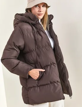 Womens Hooded Thick Puffer Down Coat - Mocha - Size Large - Bianco Lucci - FashionsVida