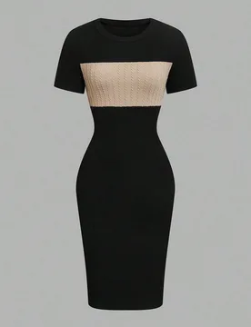 Vestido de punto elegante con bloques de color y patchwork, cuello redondo, manga corta, ajuste ceñido favorecedor, textura de punto de cable acanala - Shein - FashionsVida