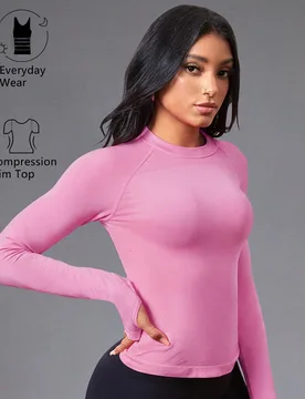 Camiseta deportiva sin costuras de manga larga con orificio para el pulgar y ajuste ceñido L - Shein - FashionsVida