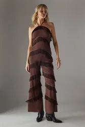 Women's Premium Fringe Halter Jumpsuit in Chocolate Size: 12 - Chocolate - Size: 12