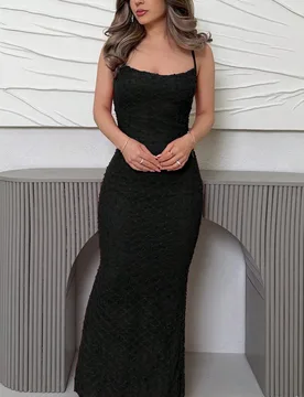 Nuevo vestido largo elegante y romántico de primavera/verano en color albaricoque con cuello drapeado, cintura ceñida y tela texturizada con abertur - Shein - FashionsVida
