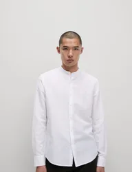 Cotton Linen Blend Grandad Collar Shirt White male
