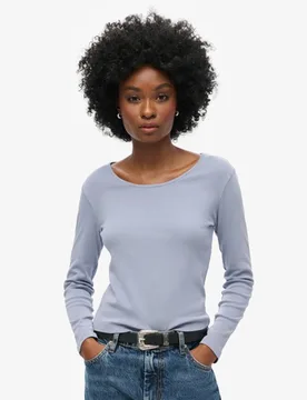 Superdry Damen Fein Geripptes Langarmoberteil mit U-ausschnitt Hellblau - Größe: 36 - 29.99 - FashionsVida