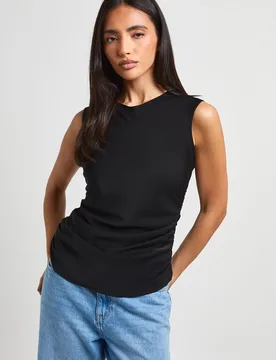 Womens Racer Ruched Woven Top - Black - Size 16 Uk - Boohoo - FashionsVida