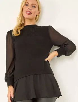 Women's Petite Contrast Chiffon Knit Jumper in Black Size: 12 - Black - Size: 12 - Roman - FashionsVida