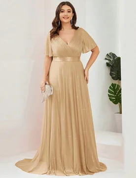 Vestido largo de verano con cuello en V en oro & champán, elegante vestido formal de dama de honor/madre de la novia para boda, fiesta de primavera y - Shein - FashionsVida