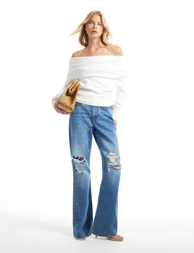 Gathered Shoulder Bardot Jumper with Wool Cream female - River Island - FashionsVida