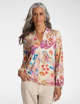Camiseta de mujer estampada con cuello de pico - Elena Miró - FashionsVida