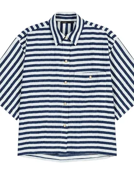 Camisa de mujer corta con lino y algodón a rayas marineras y textura gofrada - Maje - FashionsVida