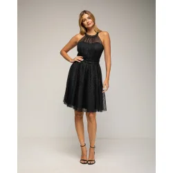 Vestido de tul y plumeti con cuello halter