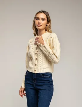 Cárdigan de mujer de punto de crochet con detalles de pompones - Tantra - FashionsVida