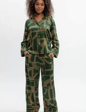 Cotton Modal Geometric Wide Leg Pyjama Set Green Mix female - Cyberjammies - FashionsVida