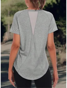 Camiseta deportiva de mujer de unicolor - Cuello redondo, ligera, de manga corta, mezcla elástica de poliéster, adecuada para primavera y verano, es - Shein - FashionsVida