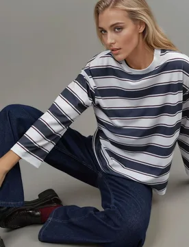 Womens Striped Crew Neck Long Sleeve T-Shirt - Blue - Size X-Small - Hiccup - FashionsVida