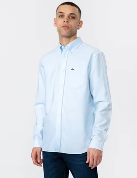 Mens Casual Long Sleeve Woven Shirt - Blue Cotton - Size Medium - Lacoste - FashionsVida