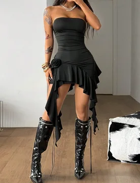 Vestido tubo negro de mujer para verano, festival de música y actuación, estilo Y2K western, ropa de vacaciones, elástico, con flores, volantes y f - Shein - FashionsVida