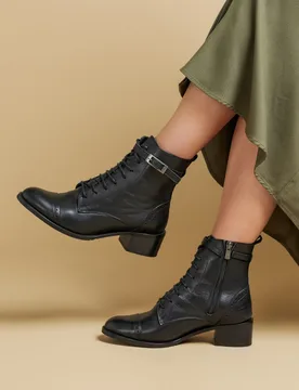 Leather Lace Up Block Heel Ankle Boots Black female - Jones Bootmaker - FashionsVida
