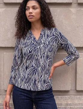 Women's Petite Animal Print Button Top in Navy Size: 10 - Navy - Size: 10 - Roman - FashionsVida