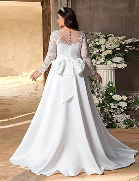 Vestido de novia elegante y romántico de talla grande con encaje floral transparente, manga larga, cuello alto, bordado 3D, cintura alta, silueta eva - Shein - FashionsVida
