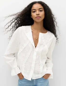 Cotton Rich Embroidered Ruffle Detail Top Soft White female - M&S - FashionsVida
