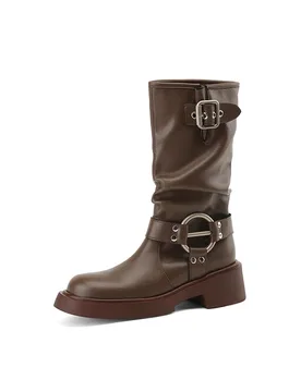 ArdenFurtado Autumn Brown Calfskin Leather Chelsea Boots Round Toe Slip-On Middle Heel Modern Boots Mid-Calf Motorcycle Footwear - Aliexpress - FashionsVida