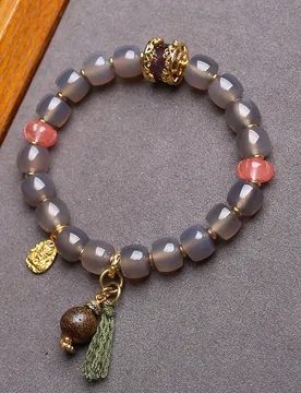 Natural grey agate bracelet with a three-faced Buddha pendant set in an agate clasp and an agarwood pendant - Aliexpress - FashionsVida