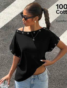Camiseta de mujer de punto con abertura en el hombro en color negro S - Shein - FashionsVida