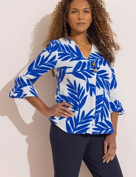 Women's Botanical Print Top in Blue Size: Small - Blue - Size: S - Anna Rose - FashionsVida