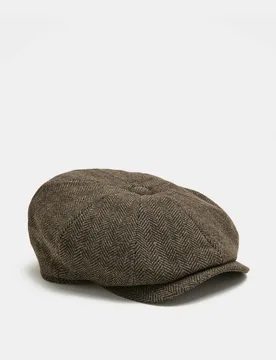 Herringbone Baker Boy Hat Khaki Mix male - M&S - FashionsVida