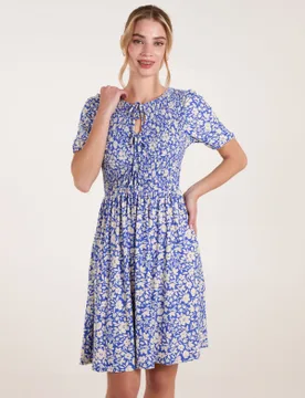 Tie Keyhole Front Puff Sleeve Dress - M/L / BLUE - female - Blue Vanilla - FashionsVida